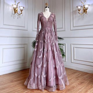 Pink Beaded Muslim Evening Dress 2024 with Luxury A-Line, Puff Sleeve - Ideal for Women's Party