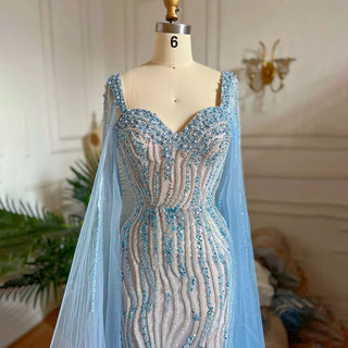 Arabic Luxury Beaded Mermaid Evening Dress with Cape Sleeves for Women Wedding Party 2024