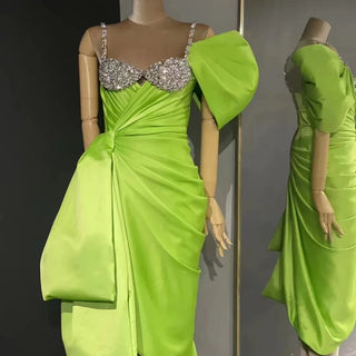 QUEENS DUBAI: Emerald Elegance - Green Pleats Gorgeous One-Shoulder Dress with Beaded Straps and Pencil Skirt for a Striking Fashion Show Ensemble