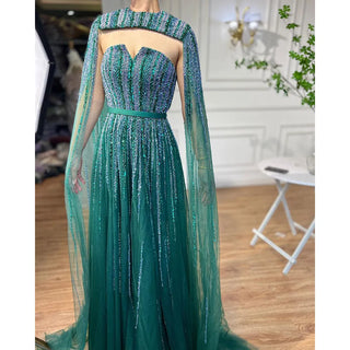 Arabic Green Cape Sleeves A-Line Beaded Evening Dress - Long Celebrity Gown for Women's Wedding Party 2024