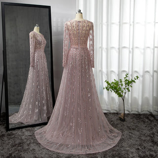 Pink Mermaid Elegant Evening Gown 2024: O-Neck, Long Sleeves, Luxury Beaded for Woman Party