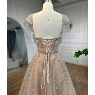 2024 Arabic Nude A-Line Evening Gown: Sweetheart Neckline, Beaded Tassel Detail, and Lace-Up Back for Women's Wedding Party Elegance