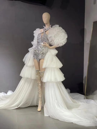 QUEENS DUBAI: Rhinestone Costume Dress with Tulle Cape - Fashion Show Elegance with Anklet Socks Decoration