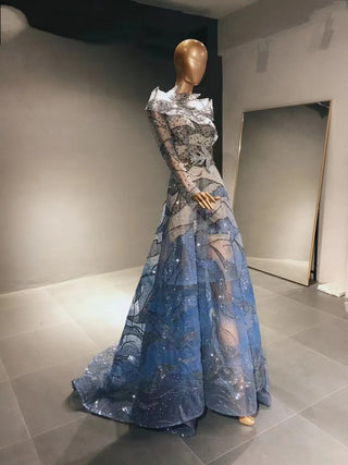 QUEENS DUBAI: A-Line Blue Illusion - Sheer Long Sleeve Costume Dress for the Fashion Show