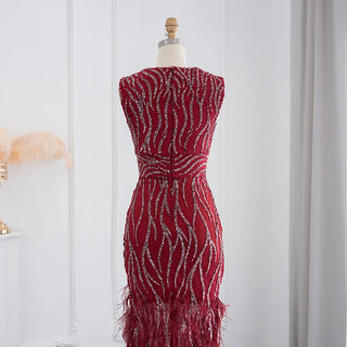 Modern Elegance: Lace, Feathers, and Beading Sleeveless Tank Tea-Length Evening Party Dress