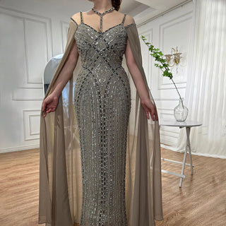 Caramel Cape Sleeves Mermaid Evening Dresses Luxury Beaded Party Gowns 2024 For Women