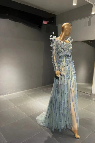 QUEENS DUBAI: Radiant Elegance - Long Sleeve Blue Beaded Costume Dress for Special Designs and Evening Glamour