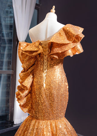 Golden Elegance: Unique One-Shoulder Fish Cut Long Evening Party Dress