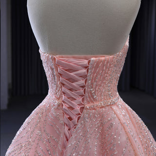 Enchanted Blush: Romantic Pink Ball Gown with Sweetheart Neckline, Beading, and Sequins