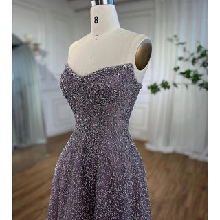 Ships in 1 to 3 Days - Arabic Luxury Purple Mermaid Evening Dress 2024 with Strapless Design, Beaded Elegance - Ideal for Women's Wedding Party