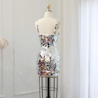 Sultry Silver Radiance: Sexy Sleeveless Shiny Party Dress for Women's Formal Elegance