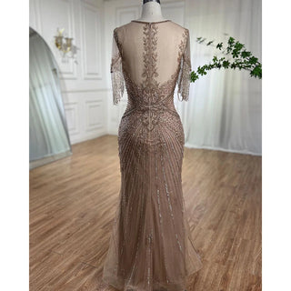 Ships in 1 to 3 Days - Caramel Cascade: Cap Sleeves Tassel Mermaid Gown with Beading – Mother of the Bride 2024 Wedding Party Elegance