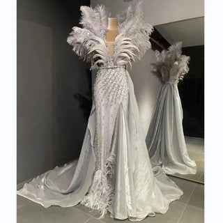 QUEENS DUBAI: Stage Dress Costume Dress with Ostrich Feather Lace - Luxury Evening Elegance