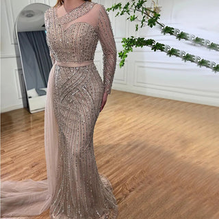 2024 Muslim Gold Mermaid Evening Gown: Elegant Beaded Luxury with Dubai-Inspired Design for Women's Wedding Parties