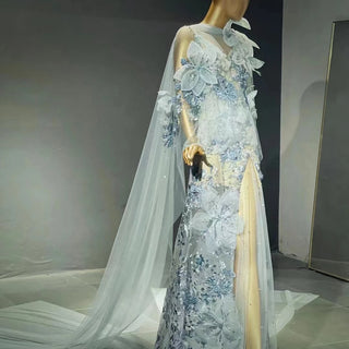 QUEENS DUBAI: Sky Blossom - Baby Blue Costume Dress with Big Flower Pearls, Beaded Slit, and Shawl for a Mesmerizing Fashion Show and Evening Ensemble