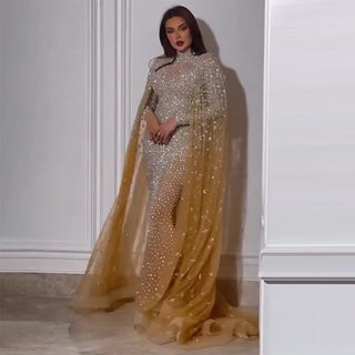 Gold Muslim Mermaid Evening Dress with Elegant Cape Sleeves - Beaded Luxury Dubai Gown for Women's Party (2024)