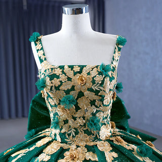 Enchanted Elegance: Glitter Green Floral Ball Gown for Formal Events and Bridal Occasions