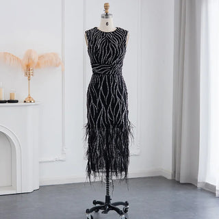 Modern Elegance: Lace, Feathers, and Beading Sleeveless Tank Tea-Length Evening Party Dress