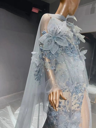 QUEENS DUBAI: Sky Blossom - Baby Blue Costume Dress with Big Flower Pearls, Beaded Slit, and Shawl for a Mesmerizing Fashion Show and Evening Ensemble