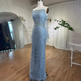 2024 Arabic-Inspired Blue Strapless Mermaid Gown: Beaded Detailing for Women's Formal Evening Events