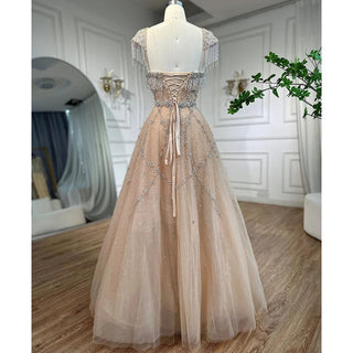 2024 Arabic Nude A-Line Evening Gown: Sweetheart Neckline, Beaded Tassel Detail, and Lace-Up Back for Women's Wedding Party Elegance