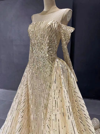 QUEENS DUBAI: Gold Sequins Long Sleeve Off-Shoulder Costume Dress - Luxury Fashion Show Evening Elegance