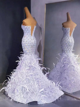 QUEENS DUBAI: Royal Radiance - Purple Ostrich Fur Mermaid Sweetheart Heavy Rhinestone Beaded Luxury Costume Dress for a Beaded Fashion Show