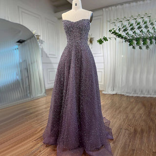 Ships in 1 to 3 Days - Arabic Luxury Purple Mermaid Evening Dress 2024 with Strapless Design, Beaded Elegance - Ideal for Women's Wedding Party