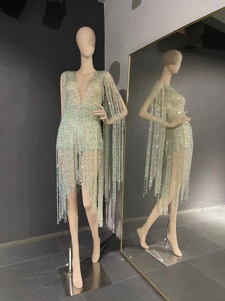 QUEENS DUBAI: Dazzling Temptation - Mini Dress with Beaded Tassel, Deep V Neck Costume Elegance for the Runway