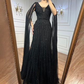 Black Arabic Cape Sleeves Evening Dress 2024 - Luxury Beaded A-Line Gown for Women's Party