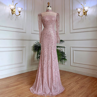 Pretty in Pink: 2024 Muslim Long Sleeve High Neck Mermaid Evening Gown with Luxury Sequins - Perfect for Women's Parties