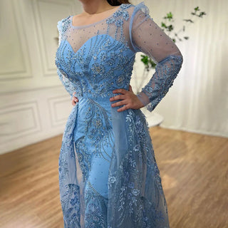 Blue Muslim Luxury Evening Dress 2024 with Beaded Mermaid and Overskirt - Ideal for Women's Party