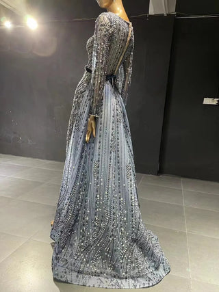 QUEENS DUBAI: Siren's Allure - Mermaid Costume Dress with Sexy Slit, Long Sleeves, and Detachable Train for Luxury Fashion Show Evening