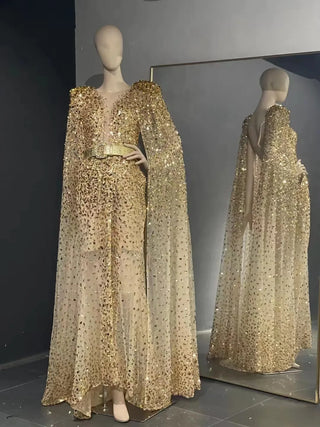 QUEENS DUBAI: Gold Stage Costume Dress with Shawl - Deep V-Neck Sequins Lace Luxury Cocktail & Evening Dress