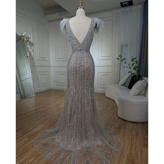 Arabic Mermaid Grey Nude Evening Gown: Elegant Feather Beaded Luxury for Women's Wedding Party 2024