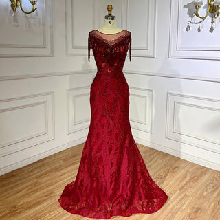 Crimson Cascade: 2024 Wine Red Lace Beaded Tassel Mermaid Evening Gown