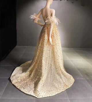 QUEENS DUBAI: Gilded Glamour - Gold A-Line Sequins Square Neckline Costume Dress for a Luxurious Fashion Show Evening