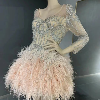 QUEENS DUBAI: Pink Feathered Elegance - V-Neck Costume Dress with Sheer Long Sleeves