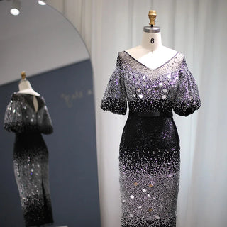 Timeless Glamour: Modest Black Evening Dress with Fancy Puff Sleeves, Shimmering Sequins, and Elegant V-Neck