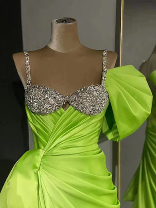 QUEENS DUBAI: Emerald Elegance - Green Pleats Gorgeous One-Shoulder Dress with Beaded Straps and Pencil Skirt for a Striking Fashion Show Ensemble