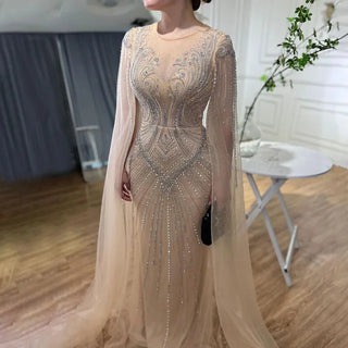 Arabic Nude Mermaid Evening Dress 2024 with Cape Sleeves, Elegant Beaded Luxury - Ideal for Women's Wedding Party