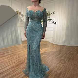 Arabic Turquoise Elegant Mermaid High Split Beaded Evening Dress: Gown for Women's Wedding Party 2024