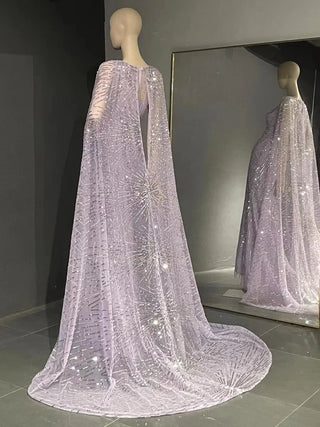 QUEENS DUBAI: Regal Radiance - Purple V-Neck Stage Costume Dress with Sequins, Lace, and Shawl