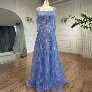 Lilac A-Line Muslim Evening Dress 2024: Square Collar, Beaded Luxury, Dubai-inspired - Ideal for Women's Wedding Party