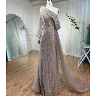 Mermaid Caramel One Shoulder Overskirt Beaded Luxury Evening Dress: Elegant Gown for Women's Wedding Party 2024