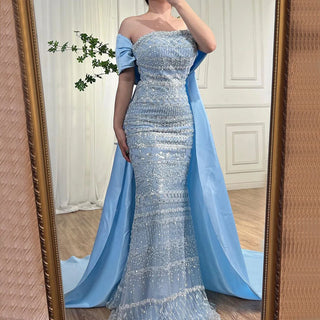 Arabic Sage Blue Elegant Mermaid Strapless Evening Dress: Beaded Sophistication for Women's Wedding Party 2024