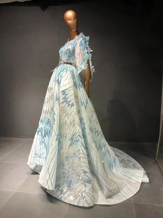 QUEENS DUBAI: A-Line Blue V-Neck Lantern Sleeve Costume Dress - Luxury Fashion Show Evening Elegance