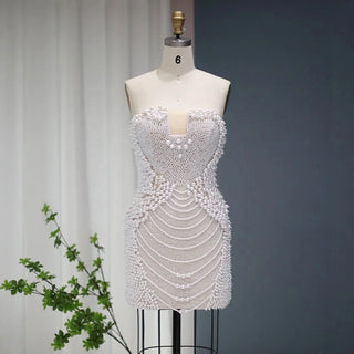 Opulent Allure: Luxury Slim Short Evening Party Gowns Adorned with Pearls