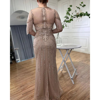 Ships in 1 to 3 Days - Caramel Cascade: Cap Sleeves Tassel Mermaid Gown with Beading – Mother of the Bride 2024 Wedding Party Elegance