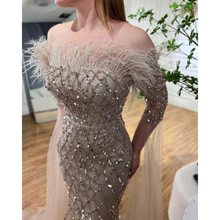 Dubai Caramel Feather Beaded Mermaid Evening Gown: Elegant Cape Sleeves for Women's Wedding Party 2024